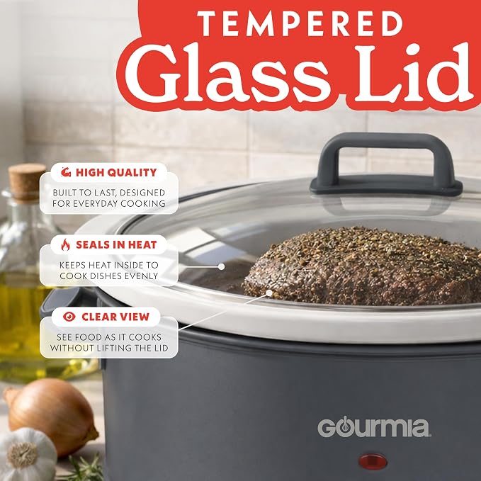 Gourmia Slow Cooker - 7 Quart Removable Ceramic Pot, Manual Controls with 3 Temperature Settings, Dishwasher Safe Crock and Glass Lid, Gray