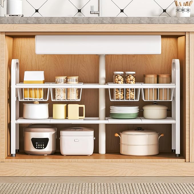 Under Sink Organizers and Storage, 2 Tier Expandable Length Adjustable Height Under Sink Organizer, Easy Assembly Heavy Duty Carbon Steel Space Saving Under Cabinet Shelf Storage Rack
