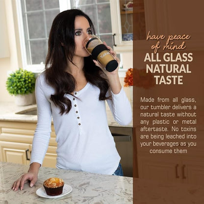 Double Wall Glass Tumbler - 14-Ounce, All Glass Reusable Insulated Tea/Coffee Mug & Lid, Hand Blown Travel Mug - Black