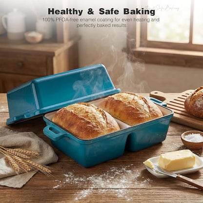 Double Dutch Oven for Sourdough Bread Baking,Enameled Cast Iron Dutch Oven with Lid,Double-Chamber Square Mini Sourdough Loaf Pan for Homemade Bread,Light Blue(Patent Has Been Applied for)