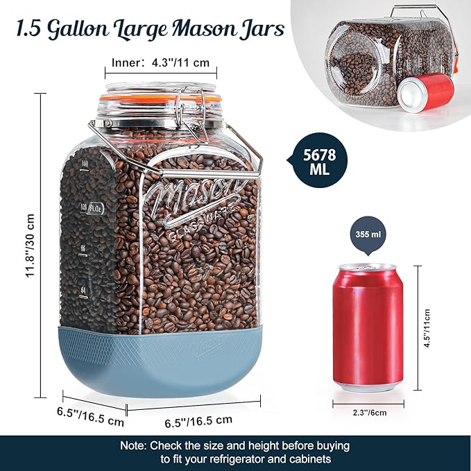 [NEW] 2 Pack Square 1.5 Gallon Glass Jar with Hinged Airtight Lid, Large Mason Jars Wide Mouth with Handle, Glass Storage Containers with Non-slip Base for Pantry, Laundry Room, Flour, Rice, Dog Treat