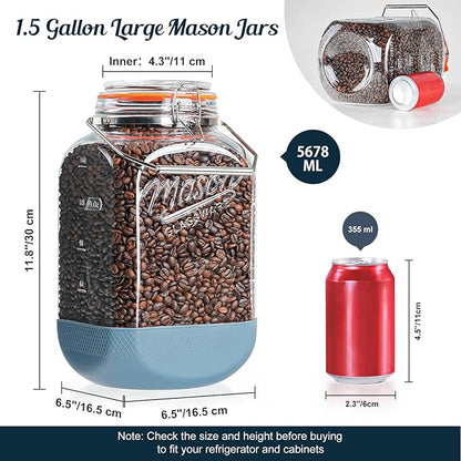 [NEW] 2 Pack Square 1.5 Gallon Glass Jar with Hinged Airtight Lid, Large Mason Jars Wide Mouth with Handle, Glass Storage Containers with Non-slip Base for Pantry, Laundry Room, Flour, Rice, Dog Treat