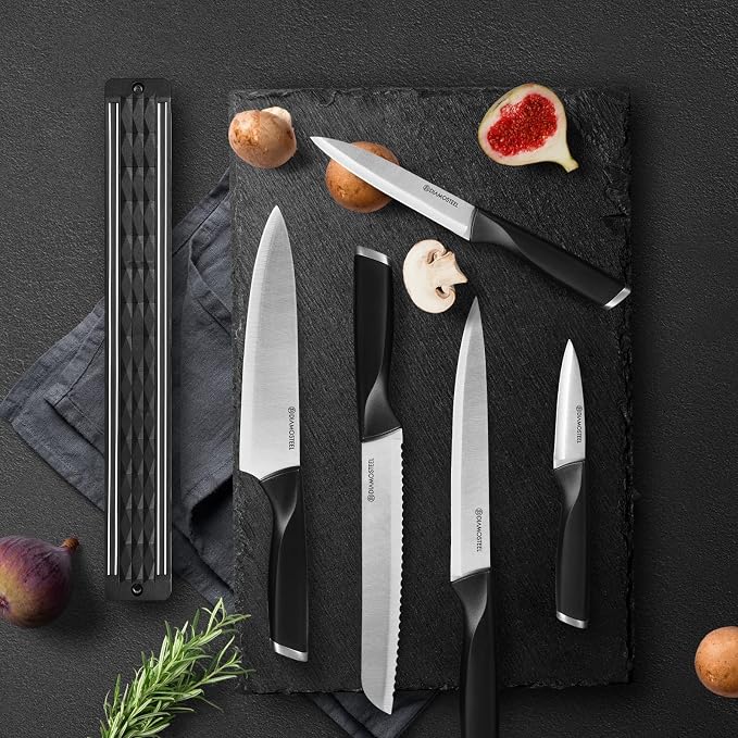 6-Piece Black Knife Set with Magnetic Strip for Wall, Ultra Sharp Magnetic Knives Set for Kitchen, Dishwasher Safe Small Knife Set for Meat Vegetable Cutting