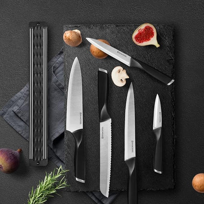 6-Piece Black Knife Set with Magnetic Strip for Wall, Ultra Sharp Magnetic Knives Set for Kitchen, Dishwasher Safe Small Knife Set for Meat Vegetable Cutting