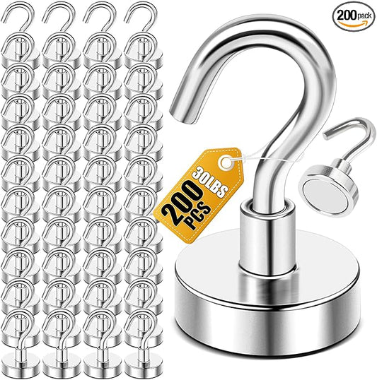 DIYMAG Magnetic Hooks, 30Lbs Strong Heavy Duty Cruise Magnet S-Hooks for Classroom, Fridge, Hanging, Cabins, Grill, Kitchen, Garage, Workplace and Office Etc, (200 Pack-Silver),Screw in Hook