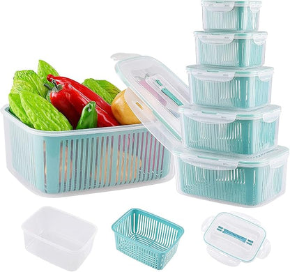 U/C Plastic Food Storage Containers, Fresh Vegetable Fruit Storage Containers for Refrigerator, Kitchen Produce Saver Container with a Draining Basket, BPA Free (5 Pack)