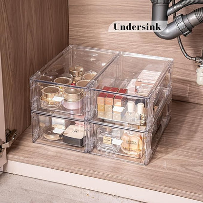 Clear Acrylic Stackable Storage Drawers, Plastic Refrigerator Organizer Bins with Handles for Undersink, Cabinet, Fridge, Closet, Pantry, Office, Bathroom, Kitchen(4 Pack)