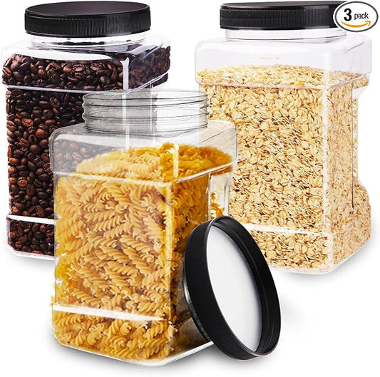 3 Pack 98Oz Square Plastic Jars, Wide Mouth Airtight Food Storage Containers with Lids for Dry Goods, Candy, Cookies, Snacks, Nuts & Pantry Organization, Easy-Grip PET Canisters Jar