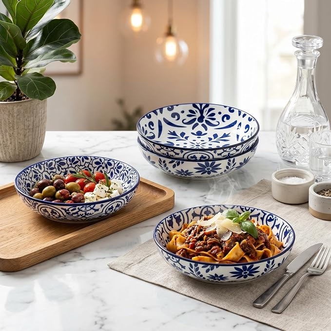glowworm Pasta Bowls，42oz Ceramic Pasta Salad & Soup Bowls，Large Serving Bowls Set of 4 for Serving Cereal，Noodle，Dinner，Shallow Kitchen Bowls，Microwave Dishwasher Safe，Blue & White