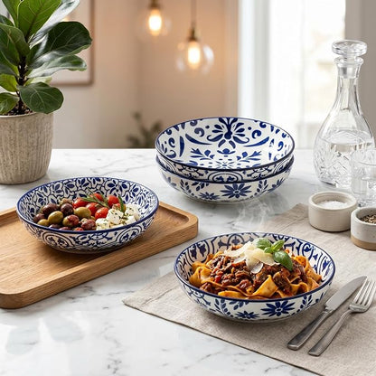 glowworm Pasta Bowls，42oz Ceramic Pasta Salad & Soup Bowls，Large Serving Bowls Set of 4 for Serving Cereal，Noodle，Dinner，Shallow Kitchen Bowls，Microwave Dishwasher Safe，Blue & White