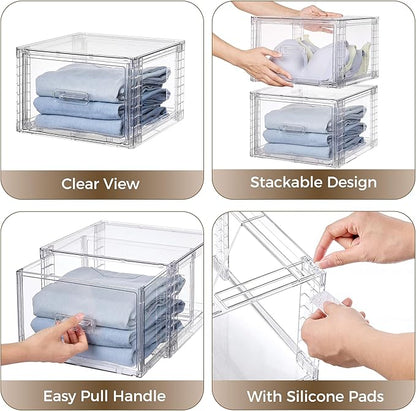 Vtopmart 9 Pack Clear Stackable Storage Drawers 15QT,Easily Assemble Closet Organizers,Plastic Storage Bins for Bathroom,Cabinet,Kitchen Pantry,Under Sink Organization(Medium)