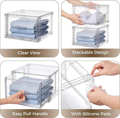 Vtopmart 4 Pack Clear Stackable Storage Drawers 15QT, Easily Assemble Closet Organizers,Plastic Storage Bins for Bathroom,Cabinet,Kitchen Pantry,Under Sink Organization(Medium)