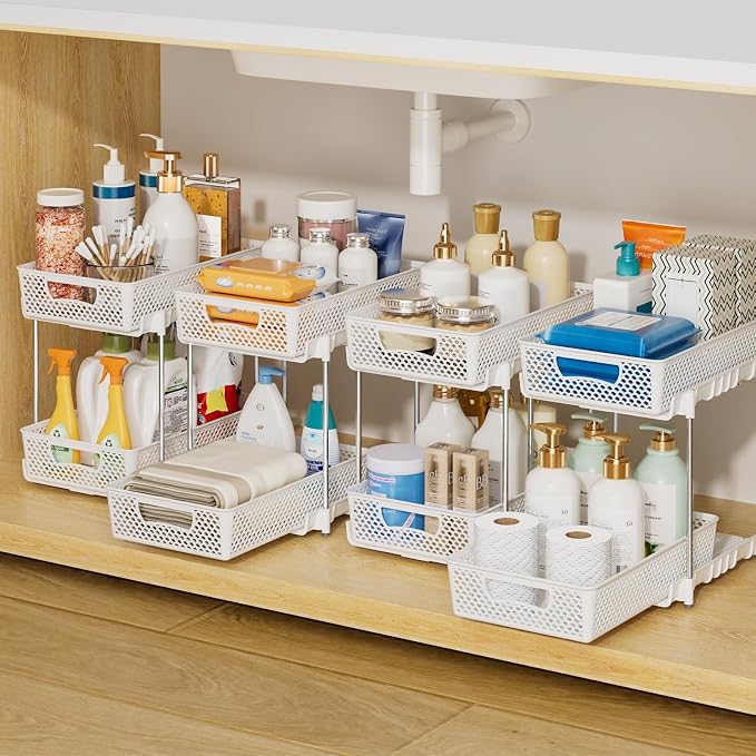 DABIGE 4 Pack Pull Out Bathroom Organizers and Storage, 2 Tier Stackable Under Sink Storage Organizer for Bathroom, Kitchen Cabinet, Pantry, and Medicine Holder, Organization and Storage - White