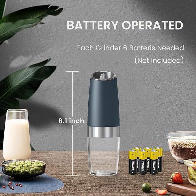 Battery Operated Salt And Pepper Grinder Set with LED Light, Automatic Electric Gravity Salt And Pepper Shakers Set, Each 6 AAA Batteries Needed, Adjustable Roughness, 2 Pack (Grey)