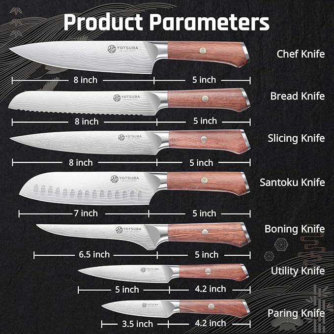 YOTSUBA 7PCS Japanese Kitchen Knife Set with Genuine Natural Rosewood Ergonomic Handle & Gift Box, Professional Ultra Sharp High Carbon Stainless Steel Knives for Cooking