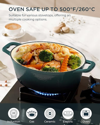 Enameled Cast Iron Dutch Oven - 9.3QT Dutch Oven Pot with Lid & Cotton Potholders - Heavy-Duty Non Stick Casserole Pot for Braising, Stews, Roasting, Baking, Suitable for All Stovetops, Bottle Green