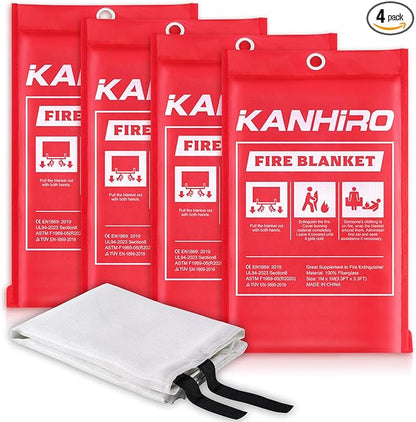 Emergency Fire Blanket for Home Kitchen - KANHIRO Fiberglass Fire Suppression Blanket Great for School, Fireplace, Grill, Car, Office, Warehouse (4 Pack, 40"x40")