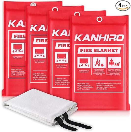 Emergency Fire Blanket for Home Kitchen - KANHIRO Fiberglass Fire Suppression Blanket Great for School, Fireplace, Grill, Car, Office, Warehouse (4 Pack, 40"x40")