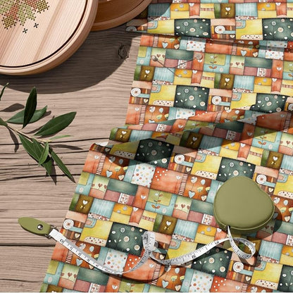 Patchwork Cotton Fabric Panel 61 x 36.6 Inches, Scandinavian Heart Pattern Quilt Style, Multicolor Rustic Design, 100% Cotton 140 GSM
