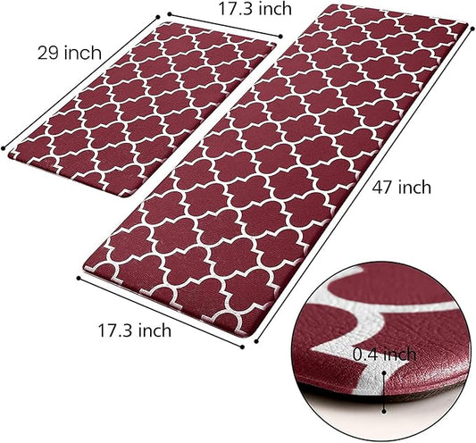 KMAT Kitchen Mat [2 PCS] Cushioned Anti-Fatigue Kitchen Rug, Waterproof Non-Slip Kitchen Mats and Rugs Heavy Duty PVC Ergonomic Comfort Standing Foam Mat for Kitchen, Office, Sink, Laundry,Red