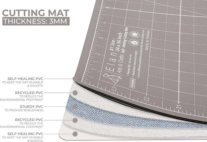 Elan Cutting Mat 36x72 Black & Taupe, Extra Large Self Healing Cutting Mat 36 x 72 Inch, 5-Ply Craft Board Black, Hobby Board for Sewing and Quilting