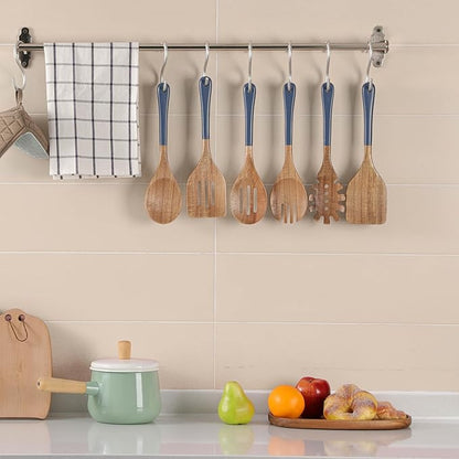 Wooden Spoons For Cooking, 6 PCS Natural Acacia Wooden Cooking Utensils, Non-Stick Wood Kitchen Utensil Set for Kitchen Essentials, Smooth Grip Wood Cooking Spoons with Hanging Hole, Blue