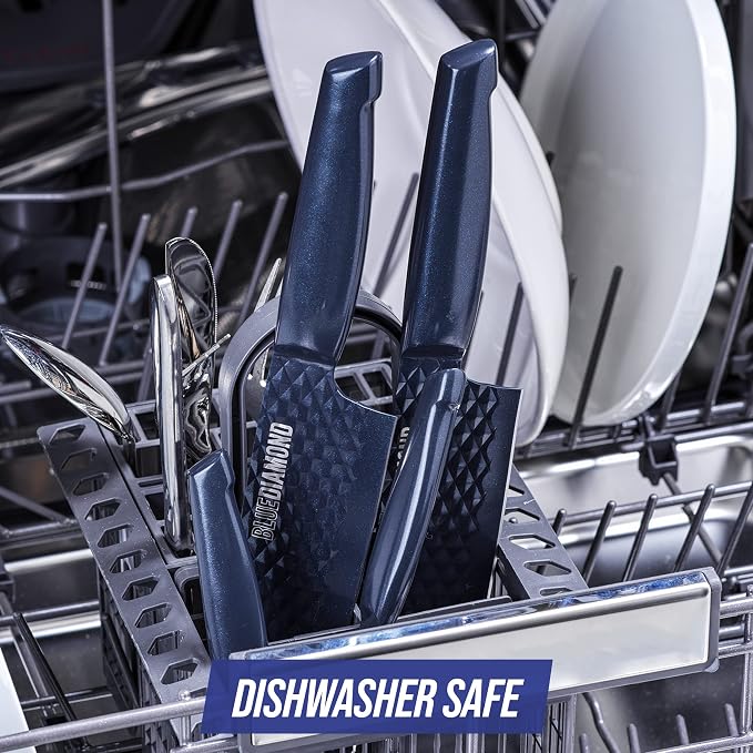 Blue Diamond Sharp Stone 14 Piece Knife Block Set, PFAS-Free Nonstick Diamond Textured Stainless Steel Blades, Rust Resistant Kitchen Cutlery, Chef & Steak Knives, Dishwasher Safe, Navy