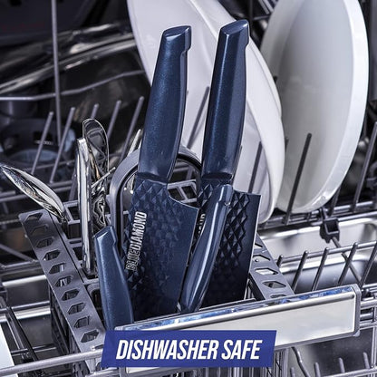 Blue Diamond Sharp Stone 14 Piece Knife Block Set, PFAS-Free Nonstick Diamond Textured Stainless Steel Blades, Rust Resistant Kitchen Cutlery, Chef & Steak Knives, Dishwasher Safe, Navy