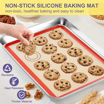 TeamFar Stainless Steel Baking Sheet, 12.5inch Baking Pans Cookie Sheets for Baking with Cooling Rack & Silicone Baking Mat - 2 Sheet Pans + 2 Roasting Racks + 2 Silicone Mats, Non Toxic, Easy Clean