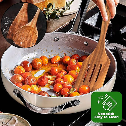 Natural Teak Kitchen Cooking Utensil Set with Holder, Wooden Spoons for Cooking, 10PCS Cooking Spatulas Set with Spoon Rest, Wooden Utensil Set for Nonstick Cookware Sturdy & Lightweight