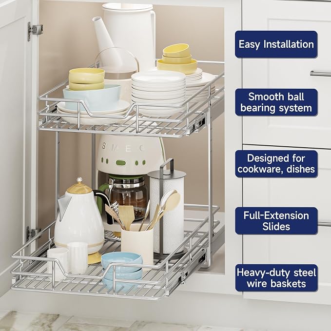 2-Tier Pull Out Cabinet Organizer, 13.5" W x 21.5" D, Heavy Duty Dual Slide Out Shelves for Base Cabinets, Chrome Wire Basket Drawer for Pantry, Kitchen & Bathroom Storage