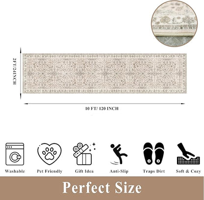 2x10 ft Hallway Runner Rug Washable – Boho Floral Non Slip Long Carpet Runner for Kitchen Entryway Bedroom Living Room, Soft Low-Pile Thin Floor Area Rug (Beige, 2x10)