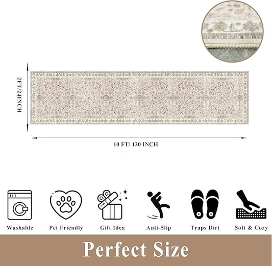 2x10 ft Hallway Runner Rug Washable – Boho Floral Non Slip Long Carpet Runner for Kitchen Entryway Bedroom Living Room, Soft Low-Pile Thin Floor Area Rug (Beige, 2x10)