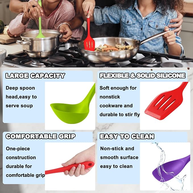 E-far 10 Pcs Silicone Cooking Utensils Set, Heat Resistant Kitchen Utensil Set for Nonstick Cookware, Kitchen Cooking Tools with Spatula, Spoon, Slotted Turner, Non-Toxic & Dishwasher Safe (Colorful)