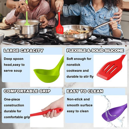 E-far 10 Pcs Silicone Cooking Utensils Set, Heat Resistant Kitchen Utensil Set for Nonstick Cookware, Kitchen Cooking Tools with Spatula, Spoon, Slotted Turner, Non-Toxic & Dishwasher Safe (Colorful)
