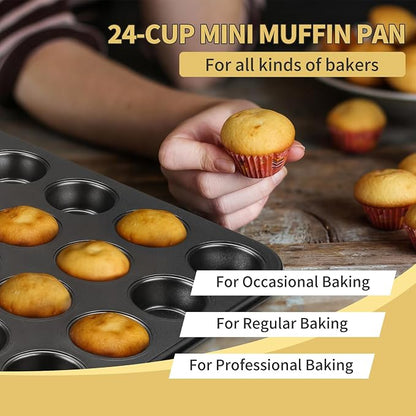 TeamFar Mini Muffin Pan, 24-Cup Non-Stick Carbon Steel Cupcake Tray Tin for Baking, Small Cup Cake Bakeware for Bite-Sized Cheesecake Tart Quiches, Even Baking & Effortless Release & Easy Clean