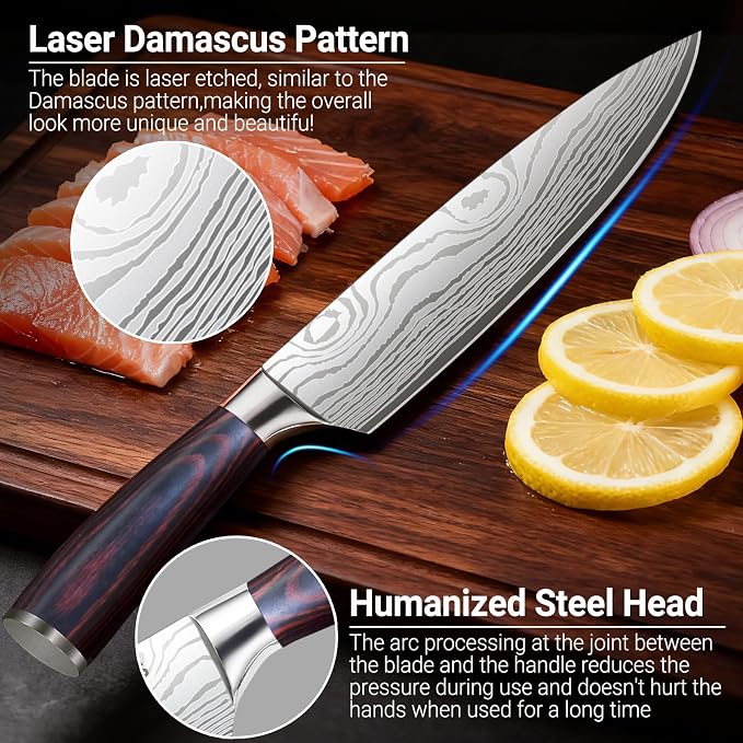 Chef Knife 8 Inch Kitchen Knife - Ultra Sharp Japanese High-Carbon Steel Chefs Knife, Professional Cooking Knives with Ergonomic Wood Handle & Gift Box
