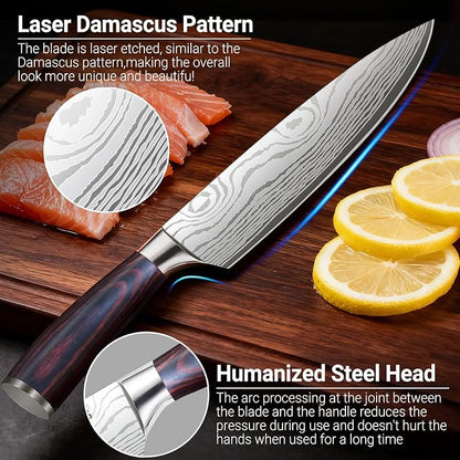 Chef Knife 8 Inch Kitchen Knife - Ultra Sharp Japanese High-Carbon Steel Chefs Knife, Professional Cooking Knives with Ergonomic Wood Handle & Gift Box