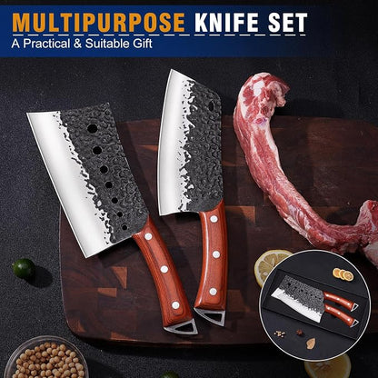 KITNATS 2PCS Hand Forged Butcher Knife Set, Meat Cleaver & Serbian Chef Knife for Meat Cutting, Boning, Kitchen Prep, Outdoor Cooking, BBQ, Gift for Men