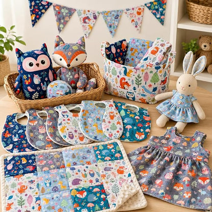 DMFR Woodland Animal Fabric Squares 5 x 5 Inch, 42 Pcs Cotton Precut Quilting Fabric Charm Pack, Forest Fox Owl Hedgehog Mushroom Quilt Squares for Kids Sewing, Patchwork, DIY Crafts