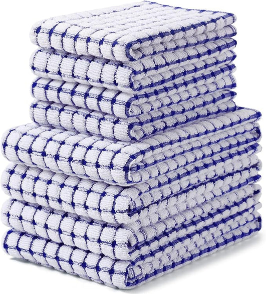 Homaxy Kitchen Towels and Dishcloths Set, 16 x 25 and 12 x 12 Inches, Set of 8 Cotton Terry Kitchen Dish Towels, Super Soft and Absorbent Dish Cloths, Blue