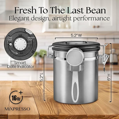 Mixpresso 16 Oz Stainless Steel Coffee Canister with Scoop – Airtight Coffee Container with CO2 Valve for Bean Storage, Date Tracker Lid
