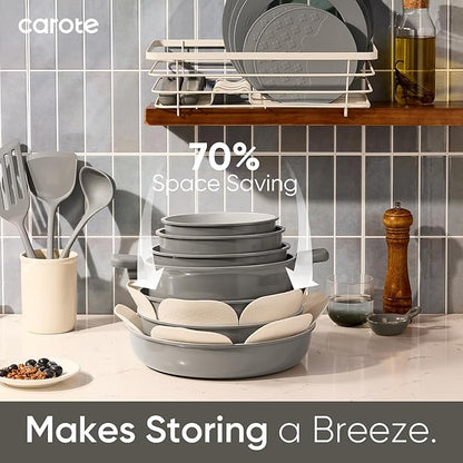 CAROTE 27pcs Ceramic Cookware Set Nonstick, Pots and Pans Set Non Stick, Non Toxic Cookware Detachable Handles, Dishwasher/Oven Safe, RV/Camping Cookware with Kitchen Utensils, Gray