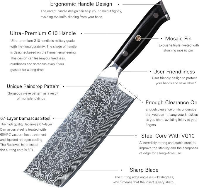 TURWHO Professional Nakiri Knife 7 Inch - Classic Damascus pattern Japanese VG-10 Steel Chef Knives