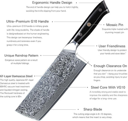 TURWHO Professional Nakiri Knife 7 Inch - Classic Damascus pattern Japanese VG-10 Steel Chef Knives