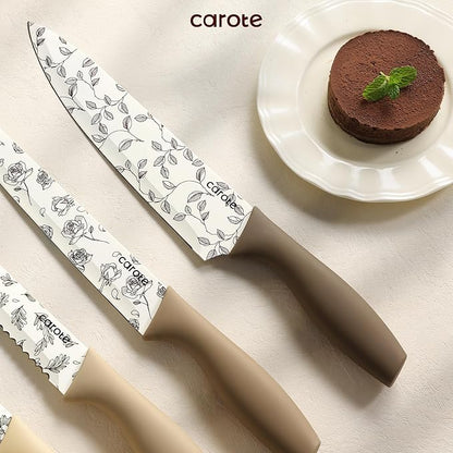 CAROTE 12PCS Knife Set, Kitchen Knife Set with 6 Blade Guards, Stainless Steel Knives Set With Nonstick Ceramic Coating, Rustproof, Delicate Floral Designs, White (Pack of 2)