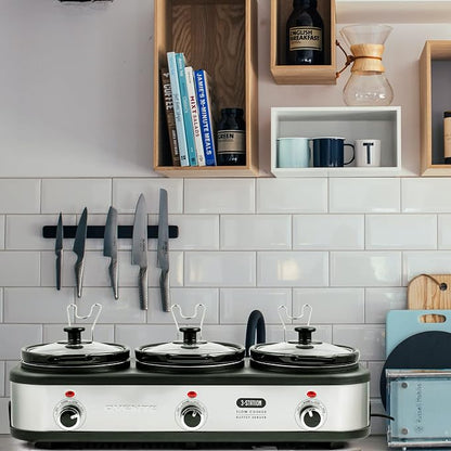 OVENTE Stainless Steel Triple Slow Cooker Buffet Server with Glass Lid & Temperature Control, 3 Section Station Portable 4.5 QT Ceramic Pot Food Warmer Easy Clean for Holiday Dinner, Silver SLO315CBR