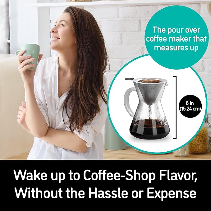 Coffee Gator Pour Over Coffee Maker - 14oz High Heat Borosilicate Glass with Reusable Stainless Steel Filter, Drip Coffee Brewer Pourover Dripper Set Carafe, 400ml Clear