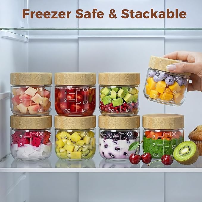 HomArtist 4oz Glass Salad Dressing Containers with Bamboo Lids - 3 Pack Small Airtight Condiment Cups, Mini Sauce Jars for Picnic, Ketchup, Dip & Snacks, Leakproof, BPA-Free & Dishwasher Safe