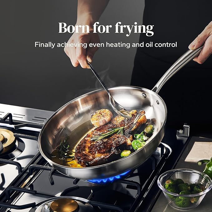 Redchef Large Stainless Steel Frying Pan, Heavy Duty Uncoated Skillet for Searing Steak, Induction Ready Cookware with Even-Heat Base, Oven Safe & Dishwasher Safe, 11 Inch
